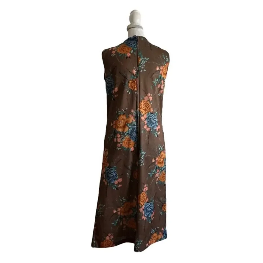 Vintage 1970s Sears Dress Cardigan Taupe Floral 2 Piece Set Maxi US Size 10 - Picture 8 of 16
